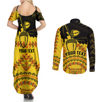 Personalised Romania Oaks Rugby Couples Matching Summer Maxi Dress and Long Sleeve Button Shirts Romanian Pattern With Embroidery Motif LT9 - Wonder Print Shop