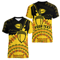 Personalised Romania Oaks Rugby Women V Neck T Shirt Romanian Pattern With Embroidery Motif - Wonder Print Shop
