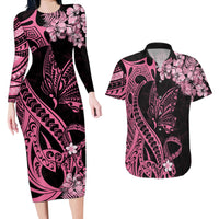 Polynesian Floral Butterfly Couples Matching Long Sleeve Bodycon Dress and Hawaiian Shirt Breast Cancer Pink Ribbon LT9 - Wonder Print Shop