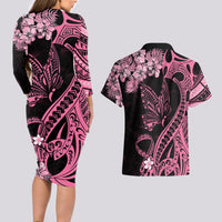Polynesian Floral Butterfly Couples Matching Long Sleeve Bodycon Dress and Hawaiian Shirt Breast Cancer Pink Ribbon LT9 - Wonder Print Shop