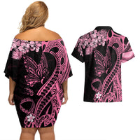 Polynesian Floral Butterfly Couples Matching Off Shoulder Short Dress and Hawaiian Shirt Breast Cancer Pink Ribbon LT9 - Wonder Print Shop