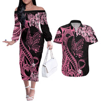 Polynesian Floral Butterfly Couples Matching Off The Shoulder Long Sleeve Dress and Hawaiian Shirt Breast Cancer Pink Ribbon LT9 - Wonder Print Shop