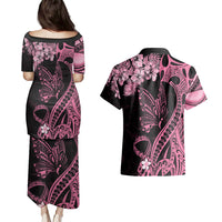 Polynesian Floral Butterfly Couples Matching Puletasi Dress and Hawaiian Shirt Breast Cancer Pink Ribbon LT9 - Wonder Print Shop