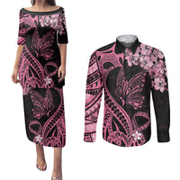 Polynesian Floral Butterfly Couples Matching Puletasi Dress and Long Sleeve Button Shirts Breast Cancer Pink Ribbon LT9 - Wonder Print Shop
