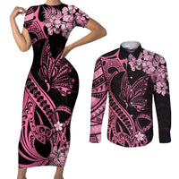 Polynesian Floral Butterfly Couples Matching Short Sleeve Bodycon Dress and Long Sleeve Button Shirts Breast Cancer Pink Ribbon LT9 - Wonder Print Shop