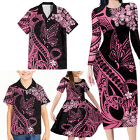Polynesian Floral Butterfly Family Matching Long Sleeve Bodycon Dress and Hawaiian Shirt Breast Cancer Pink Ribbon LT9 - Wonder Print Shop