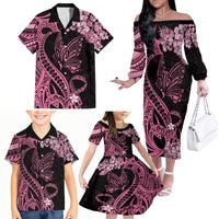 Polynesian Floral Butterfly Family Matching Off Shoulder Long Sleeve Dress and Hawaiian Shirt Breast Cancer Pink Ribbon - Wonder Print Shop