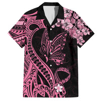 Polynesian Floral Butterfly Family Matching Off Shoulder Long Sleeve Dress and Hawaiian Shirt Breast Cancer Pink Ribbon - Wonder Print Shop