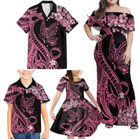 Polynesian Floral Butterfly Family Matching Off Shoulder Maxi Dress and Hawaiian Shirt Breast Cancer Pink Ribbon LT9 - Wonder Print Shop
