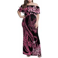 Polynesian Floral Butterfly Family Matching Off Shoulder Maxi Dress and Hawaiian Shirt Breast Cancer Pink Ribbon LT9 - Wonder Print Shop