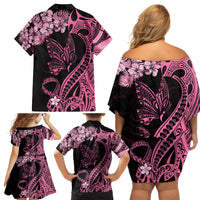 Polynesian Floral Butterfly Family Matching Off Shoulder Short Dress and Hawaiian Shirt Breast Cancer Pink Ribbon LT9 - Wonder Print Shop