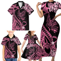 Polynesian Floral Butterfly Family Matching Short Sleeve Bodycon Dress and Hawaiian Shirt Breast Cancer Pink Ribbon - Wonder Print Shop