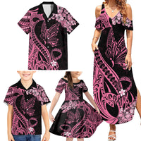 Polynesian Floral Butterfly Family Matching Summer Maxi Dress and Hawaiian Shirt Breast Cancer Pink Ribbon - Wonder Print Shop