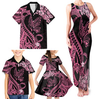 Polynesian Floral Butterfly Family Matching Tank Maxi Dress and Hawaiian Shirt Breast Cancer Pink Ribbon - Wonder Print Shop