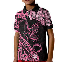 Polynesian Floral Butterfly Kid Polo Shirt Breast Cancer Pink Ribbon - Wonder Print Shop