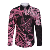 Polynesian Floral Butterfly Long Sleeve Button Shirt Breast Cancer Pink Ribbon - Wonder Print Shop