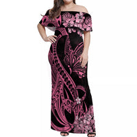 Polynesian Floral Butterfly Off Shoulder Maxi Dress Breast Cancer Pink Ribbon - Wonder Print Shop