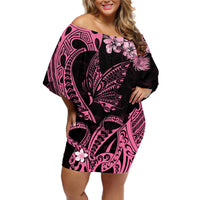 Polynesian Floral Butterfly Off Shoulder Short Dress Breast Cancer Pink Ribbon - Wonder Print Shop