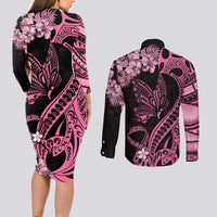 Personalised Polynesian Floral Butterfly Couples Matching Long Sleeve Bodycon Dress and Long Sleeve Button Shirts Breast Cancer Pink Ribbon LT9 - Wonder Print Shop