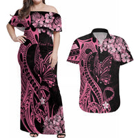 Personalised Polynesian Floral Butterfly Couples Matching Off Shoulder Maxi Dress and Hawaiian Shirt Breast Cancer Pink Ribbon LT9 - Wonder Print Shop