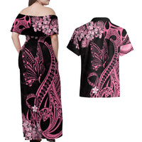 Personalised Polynesian Floral Butterfly Couples Matching Off Shoulder Maxi Dress and Hawaiian Shirt Breast Cancer Pink Ribbon LT9 - Wonder Print Shop
