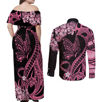 Personalised Polynesian Floral Butterfly Couples Matching Off Shoulder Maxi Dress and Long Sleeve Button Shirts Breast Cancer Pink Ribbon LT9 - Wonder Print Shop