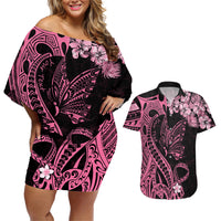 Personalised Polynesian Floral Butterfly Couples Matching Off Shoulder Short Dress and Hawaiian Shirt Breast Cancer Pink Ribbon LT9 - Wonder Print Shop