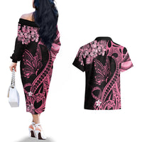 Personalised Polynesian Floral Butterfly Couples Matching Off The Shoulder Long Sleeve Dress and Hawaiian Shirt Breast Cancer Pink Ribbon LT9 - Wonder Print Shop
