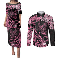 Personalised Polynesian Floral Butterfly Couples Matching Puletasi Dress and Long Sleeve Button Shirts Breast Cancer Pink Ribbon LT9 - Wonder Print Shop