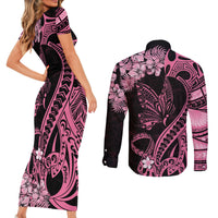 Personalised Polynesian Floral Butterfly Couples Matching Short Sleeve Bodycon Dress and Long Sleeve Button Shirts Breast Cancer Pink Ribbon LT9 - Wonder Print Shop
