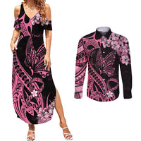 Personalised Polynesian Floral Butterfly Couples Matching Summer Maxi Dress and Long Sleeve Button Shirts Breast Cancer Pink Ribbon LT9 - Wonder Print Shop