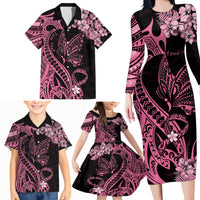 Personalised Polynesian Floral Butterfly Family Matching Long Sleeve Bodycon Dress and Hawaiian Shirt Breast Cancer Pink Ribbon LT9 - Wonder Print Shop