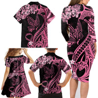 Personalised Polynesian Floral Butterfly Family Matching Long Sleeve Bodycon Dress and Hawaiian Shirt Breast Cancer Pink Ribbon LT9 - Wonder Print Shop