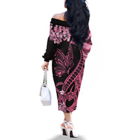 Personalised Polynesian Floral Butterfly Family Matching Off Shoulder Long Sleeve Dress and Hawaiian Shirt Breast Cancer Pink Ribbon - Wonder Print Shop