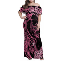 Personalised Polynesian Floral Butterfly Family Matching Off Shoulder Maxi Dress and Hawaiian Shirt Breast Cancer Pink Ribbon LT9 - Wonder Print Shop