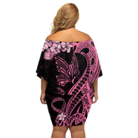 Personalised Polynesian Floral Butterfly Family Matching Off Shoulder Short Dress and Hawaiian Shirt Breast Cancer Pink Ribbon LT9 - Wonder Print Shop