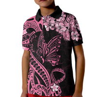 Personalised Polynesian Floral Butterfly Kid Polo Shirt Breast Cancer Pink Ribbon - Wonder Print Shop