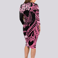 Personalised Polynesian Floral Butterfly Long Sleeve Bodycon Dress Breast Cancer Pink Ribbon - Wonder Print Shop