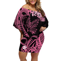 Personalised Polynesian Floral Butterfly Off Shoulder Short Dress Breast Cancer Pink Ribbon - Wonder Print Shop