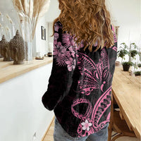 Personalised Polynesian Floral Butterfly Women Casual Shirt Breast Cancer Pink Ribbon - Wonder Print Shop