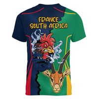 France South Africa Rugby Women V Neck T Shirt Springboks and Gallic Rooster World Cup 2023 - Wonder Print Shop