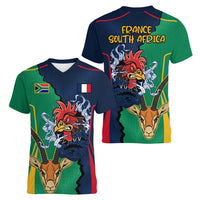 France South Africa Rugby Women V Neck T Shirt Springboks and Gallic Rooster World Cup 2023 - Wonder Print Shop