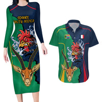 Custom France South Africa Rugby Couples Matching Long Sleeve Bodycon Dress and Hawaiian Shirt Springboks and Gallic Rooster World Cup 2023 LT9 - Wonder Print Shop
