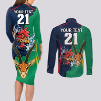 Custom France South Africa Rugby Couples Matching Long Sleeve Bodycon Dress and Long Sleeve Button Shirts Springboks and Gallic Rooster World Cup 2023 LT9 - Wonder Print Shop