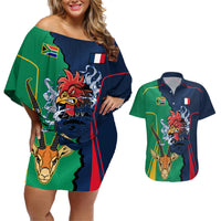 Custom France South Africa Rugby Couples Matching Off Shoulder Short Dress and Hawaiian Shirt Springboks and Gallic Rooster World Cup 2023 LT9 - Wonder Print Shop