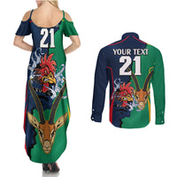 Custom France South Africa Rugby Couples Matching Summer Maxi Dress and Long Sleeve Button Shirts Springboks and Gallic Rooster World Cup 2023 LT9 - Wonder Print Shop