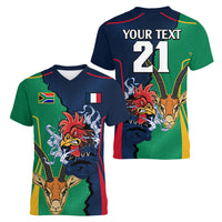 Custom France South Africa Rugby Women V Neck T Shirt Springboks and Gallic Rooster World Cup 2023 - Wonder Print Shop