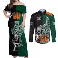 New Zealand Ireland Rugby Couples Matching Off Shoulder Maxi Dress and Long Sleeve Button Shirts Warrior Black Fern and Shamrocks World Cup 2023 LT9 - Wonder Print Shop