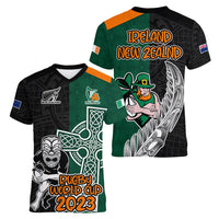 New Zealand Ireland Rugby Women V Neck T Shirt Warrior Black Fern and Shamrocks World Cup 2023 - Wonder Print Shop