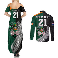 Custom New Zealand Ireland Rugby Couples Matching Summer Maxi Dress and Long Sleeve Button Shirts Warrior Black Fern and Shamrocks World Cup 2023 LT9 - Wonder Print Shop